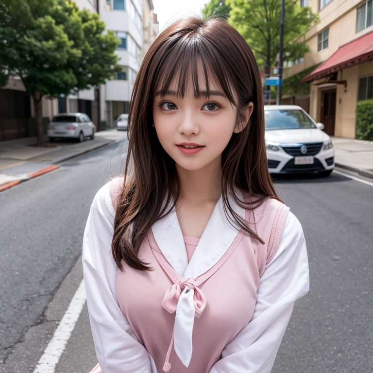 laughing out loud,Wearing a pink student sailor uniform, (knee shot), 1 girl, On the face, light brown hair, blunt bangs, hair behind ears, Hair over the shoulders, long hair, Slender body type, Super thin face, face slimming, delicate lips, beautiful eyes, Thin blush, Eyes are light brown,Check it out here, (realistic:1.3), standing next to the street, 8k, , Super detailed, high quality, best quality, High resolution, ,Large Breasts,H CUP,