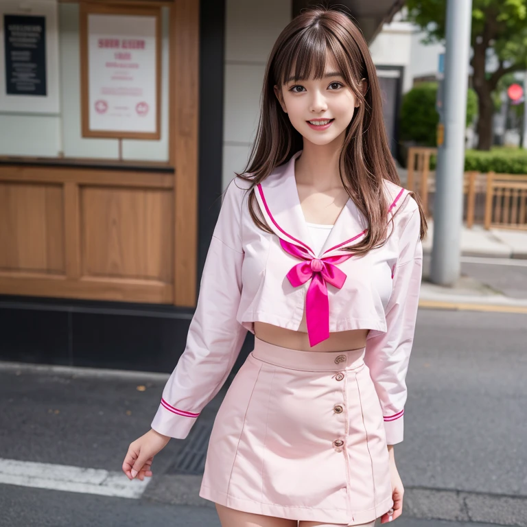 laughing out loud,Wearing a pink student sailor uniform, (knee shot), 1 girl, On the face, light brown hair, blunt bangs, hair behind ears, Hair over the shoulders, long hair, Slender body type, Super thin face, face slimming, delicate lips, beautiful eyes, Thin blush, Eyes are light brown,Check it out here, (realistic:1.3), standing next to the street, 8k, , Super detailed, high quality, best quality, High resolution, ,Large Breasts,H CUP,