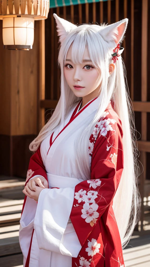 White Demon Fox、Nine-tailed Fox、Japanese women、kimono、Fair skin、Red lines on face、8K、I have long hair