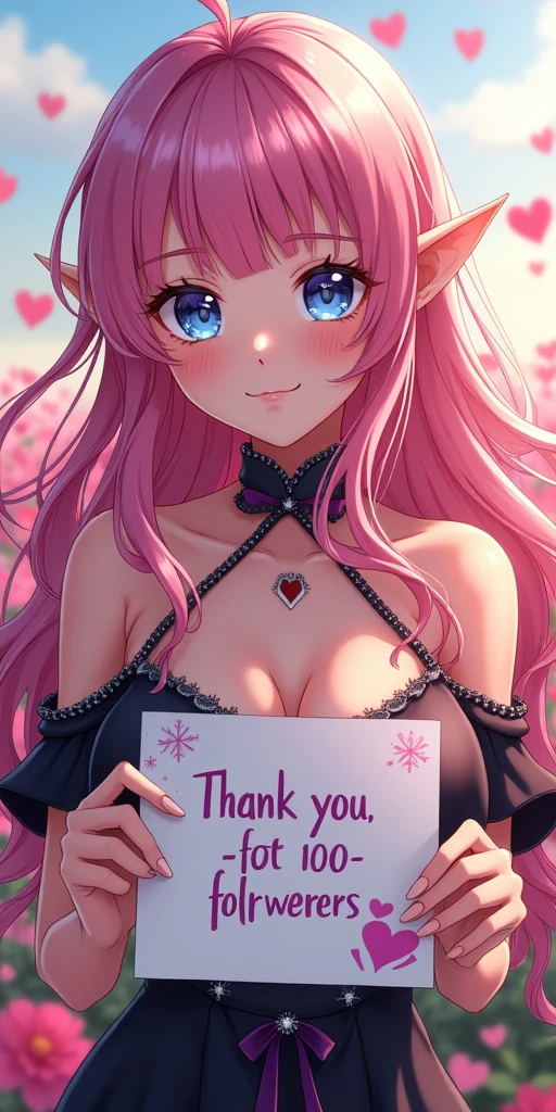 (best quality, ultra-detailed, photorealistic: 1.39), bright and vibrant colors, studio lighting, romantic expression, An effeminate girl, with a delicate and beautiful face. Beautiful and seductive adult elf with her big breasts seduces, thank you card for 100 followers, hearts and kisses emoji, Yu-Gi-Oh style letter, purple details on the sides of the card, heart shaped poster, beautiful smile, Cute girl with big round breasts, with sparkling blue eyes, she wears a black dress with snowflakes on the dress, a field of roses in the background , her wavy pink hair with beautiful bangs meets with the blowing wind, she holds a sign written a message of thanks, manga style, anime features manga style, fully body , she is in love, anime style