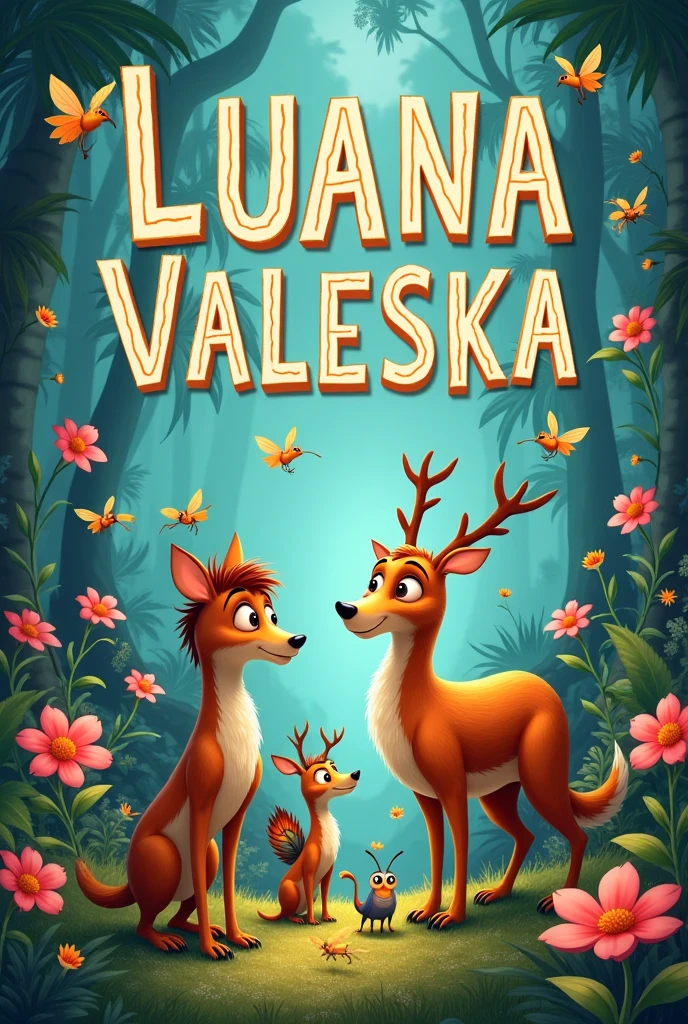 Create a book cover and animate it with Luana Valeska's name written as the title. Only with animated animals