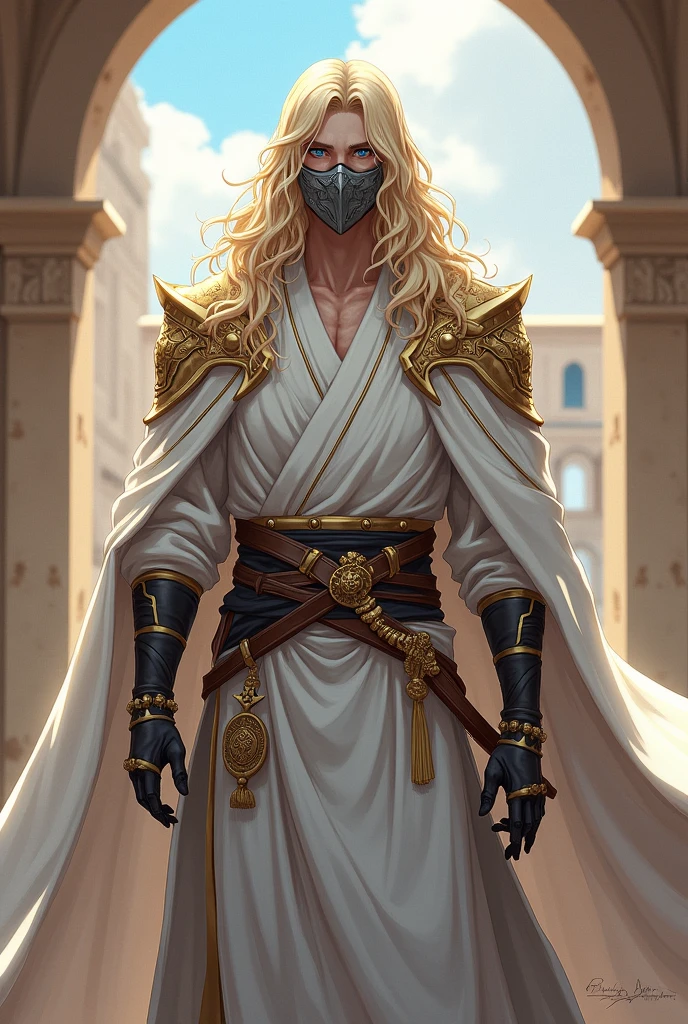 man with long, wavy blond hair, blue eyes with some bands on his arms, wearing a white cloak with gold details with a white haori with golden edges, wearing a gray iron mask in all the face, with the kingdom of Jerusalem in the background, semi-realistic anime art style  