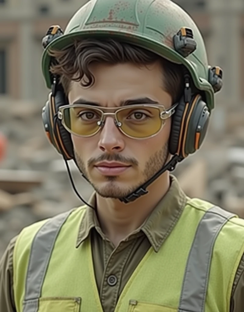 25 year old male builder, wearing a green protective helmet on his head and colorless protective glasses, and builder&#39;s clothes, work boot 