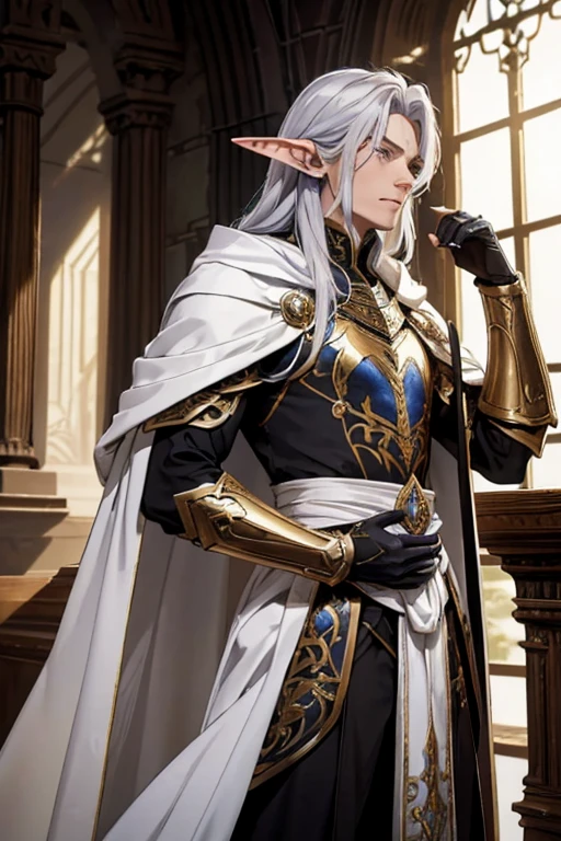 Create a detailed and realistic fantasy-style image of Roithael Glavariel de Arathel, a young hybrid warrior-prince with a mix of human and elven traits. He has long, flowing silver hair that shines in the light, and striking violet eyes. His ears are slightly pointed but more rounded compared to typical elven ears, signifying his mixed heritage. His skin has a golden hue, subtly glowing, indicating his connection to elemental magic. He stands tall and lean with a well-toned physique, exuding both strength and grace.Roithael is dressed in a finely crafted mithril armor that is both protective and elegant, with intricate designs that reflect his noble status. Over the armor, he wears a white cloak that billows slightly as if caught by a gentle breeze, symbolizing his mastery of astral magic. Around his waist, he carries a finely forged double-edged sword with an elven design, inscribed with glowing magical runes.The background should be a lush, enchanted forest, with elements that blend both human and elven architecture, reflecting Roithael's dual heritage. The atmosphere should convey a sense of mystical energy and ancient magic.