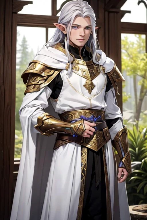 Create a detailed and realistic fantasy-style image of Roithael Glavariel de Arathel, a young hybrid warrior-prince with a mix of human and elven traits. He has long, flowing silver hair that shines in the light, and striking violet eyes. His ears are slightly pointed but more rounded compared to typical elven ears, signifying his mixed heritage. His skin has a golden hue, subtly glowing, indicating his connection to elemental magic. He stands tall and lean with a well-toned physique, exuding both strength and grace.Roithael is dressed in a finely crafted mithril armor that is both protective and elegant, with intricate designs that reflect his noble status. Over the armor, he wears a white cloak that billows slightly as if caught by a gentle breeze, symbolizing his mastery of astral magic. Around his waist, he carries a finely forged double-edged sword with an elven design, inscribed with glowing magical runes.The background should be a lush, enchanted forest, with elements that blend both human and elven architecture, reflecting Roithael's dual heritage. The atmosphere should convey a sense of mystical energy and ancient magic.