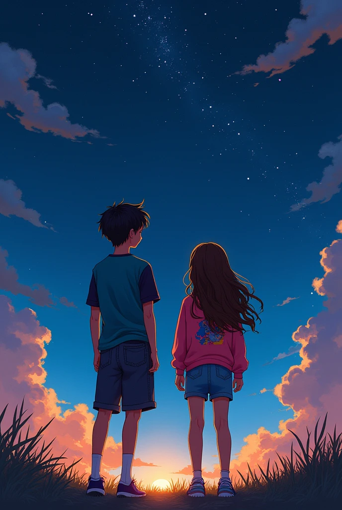 I want you to make an illustration with two teenagers (BOY AND GIRL) with my back to the view of a starry night. The girl has brown and wavy hair, wear colorful clothes. The boy has black and somewhat messy hair, He wears stylish designer clothes but is also very casual., He is taller than the girl