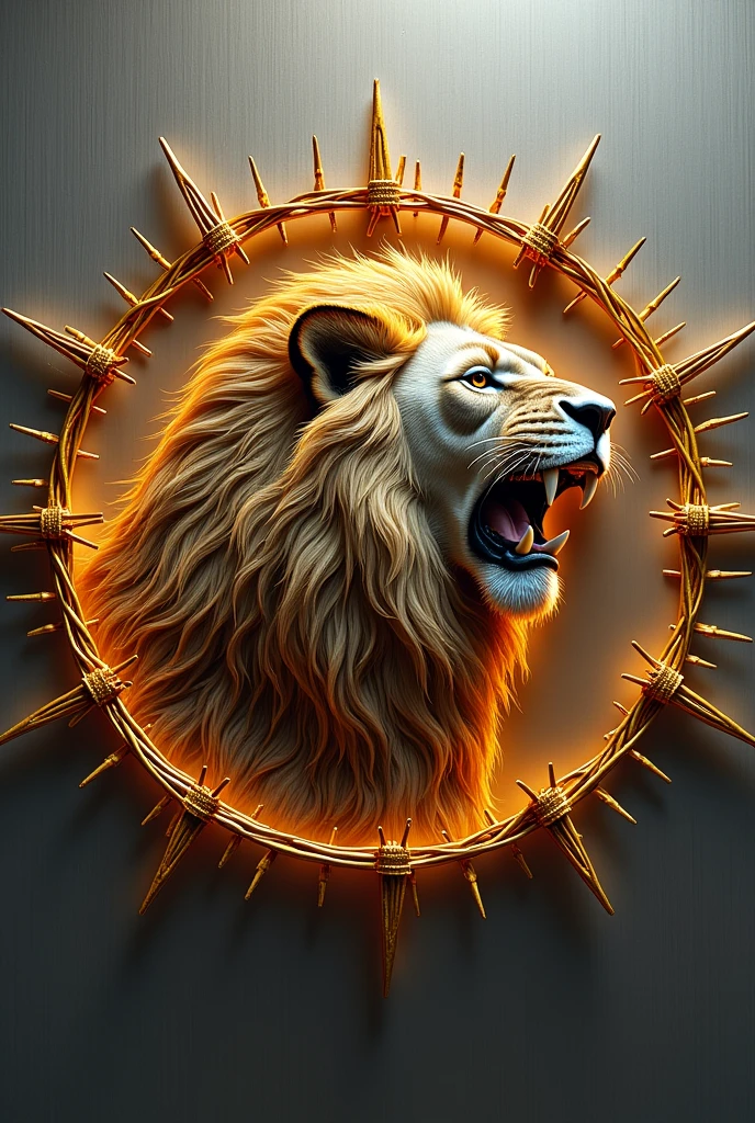 3D logo with name written "ALBERTO BLESSED" there is a picture of a roaring lion behind the writing, focus barbed wire circle shape, emboss effect, stainless steel, artistic elegance, glowing efek.auto focus, warna logo kuning stainless, silver color background