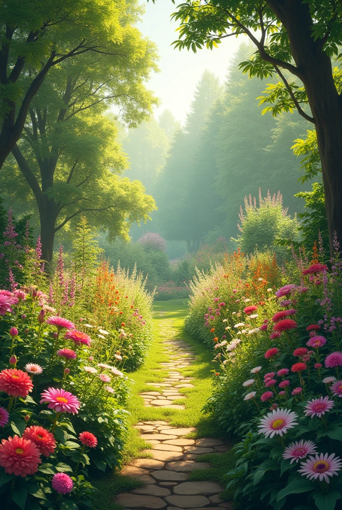 Create A lush, vibrant garden in full bloom, with colorful flowers and plants thriving under the warm sunlight. The garden is peaceful, filled with the tranquility of nature, symbolizing harmony and beauty.