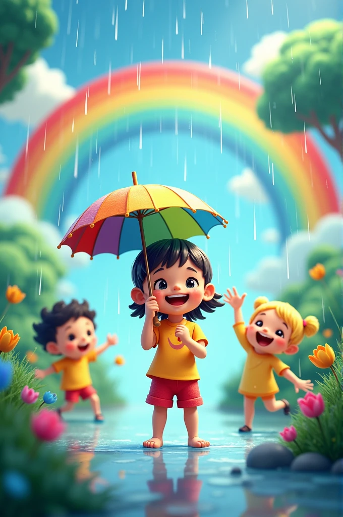 Conclusion Now you know the secret of rain! Water cycle, vaporize, condensation, cloud, and the rain fall all work together to bring us rain. Next time it rains, You can think about the wonderful journey of water.. Let's cheer for this amazing water cycle!!
Image suggestion:
A happy with an umbrella, stand in the rain and smile, with a rainbow in the background and cartoon characters cheering.