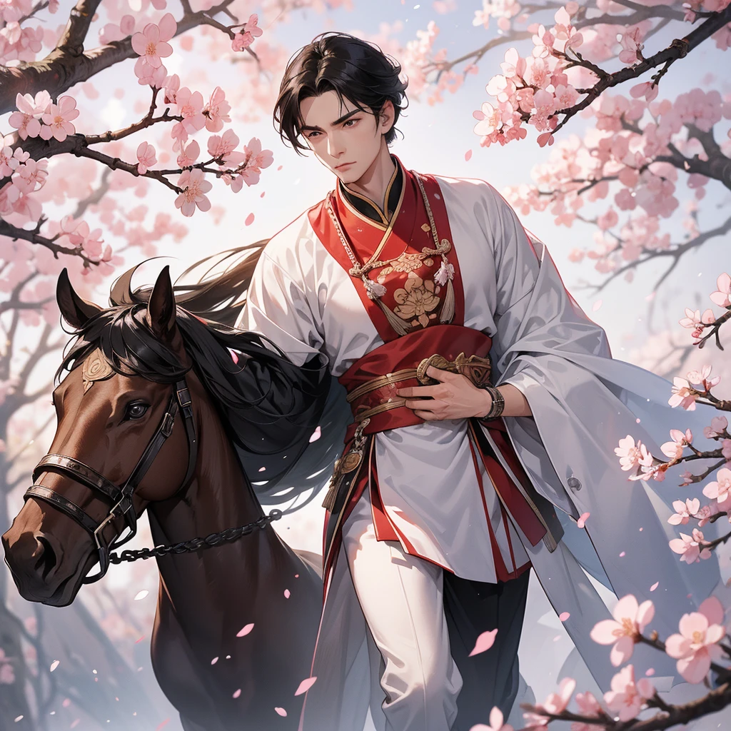 Handsome black-haired male general holding a large sword in ancient Chinese costume, walking In the middle of a cherry blossom storm, cherry blossoms are falling from the trees, Behind them are cherry trees that are in full bloom.
