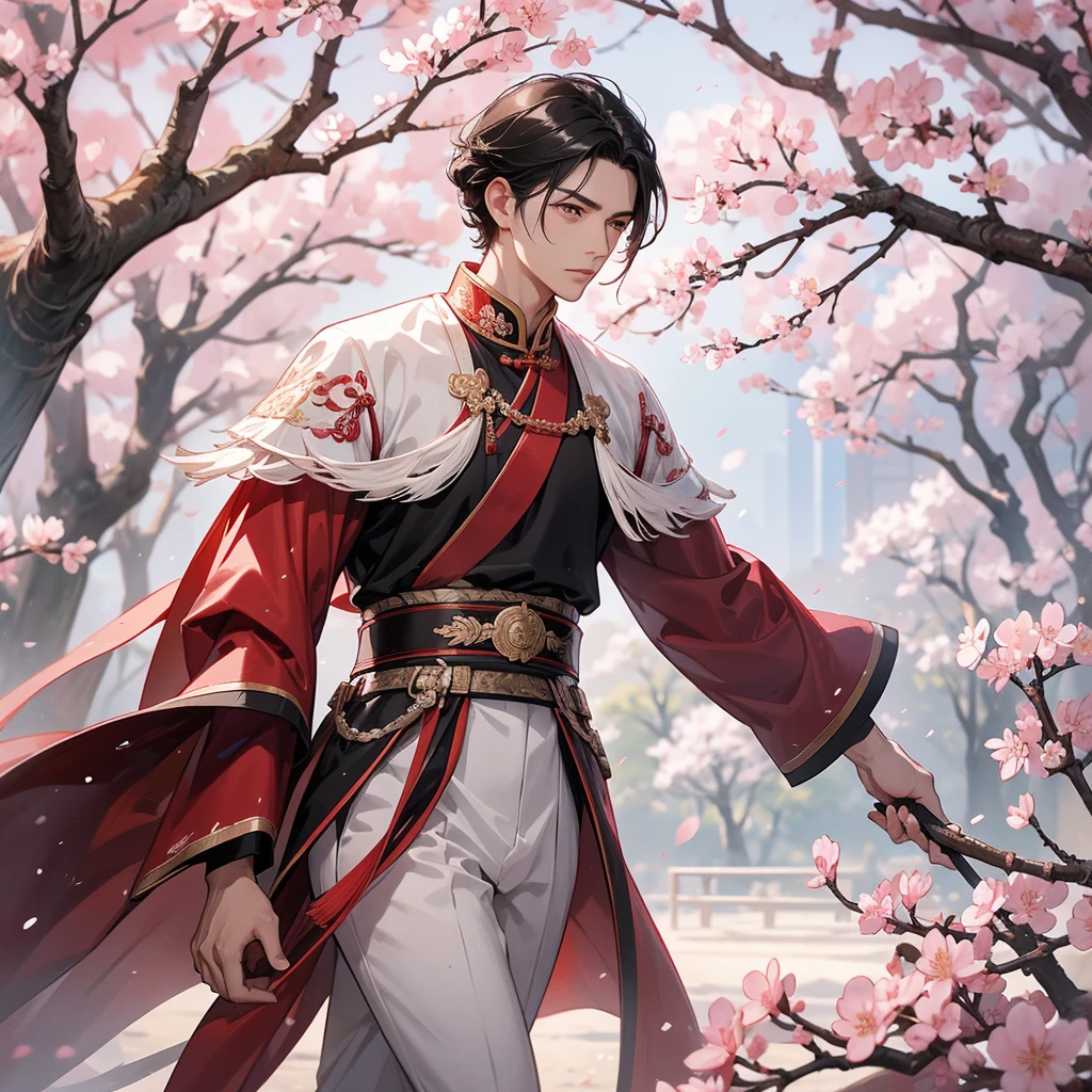 Handsome black-haired male general holding a large sword in ancient Chinese costume, walking In the middle of a cherry blossom storm, cherry blossoms are falling from the trees, Behind them are cherry trees that are in full bloom.