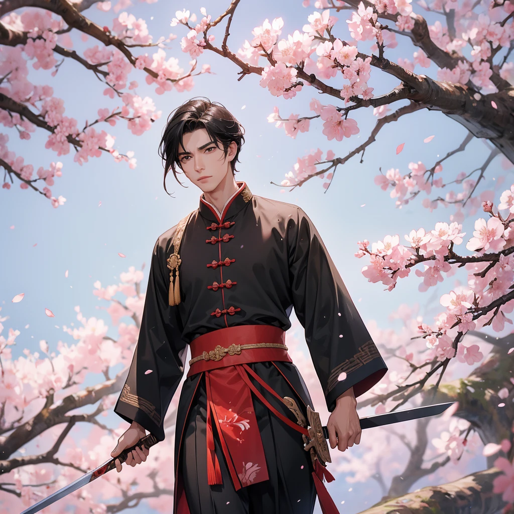 Handsome black-haired male general holding a large sword in ancient Chinese costume, walking In the middle of a cherry blossom storm, cherry blossoms are falling from the trees, Behind them are cherry trees that are in full bloom.