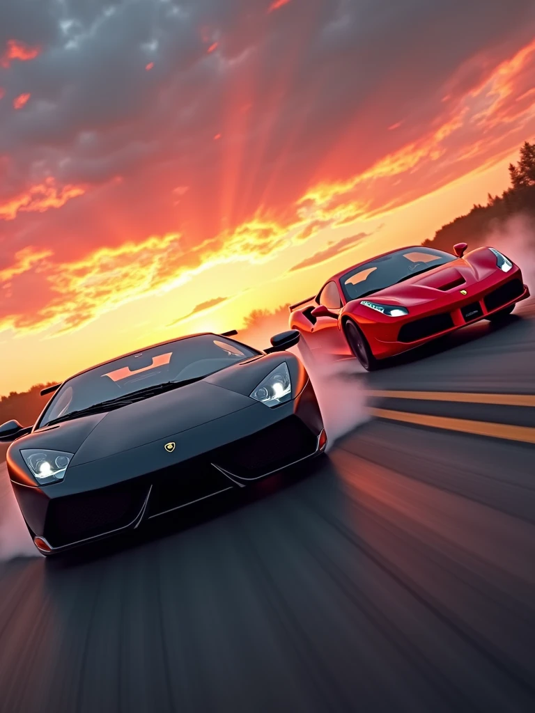 A thrilling cinematic photo capturing the high-speed chase of a black Lamborghini murcielago sv racing alongside a ferrari 488 GTB vibrant red. The Lamborghini's tires screech as it takes a sharp turn, while the ferrari's sleek design cuts through the air. In the background, a breathtaking sunset casts the sky in vibrant shades of orange and pink, setting the scene for a dark fantasy. The overall atmosphere is dynamic and exhilarating, with a sense of danger and excitement hanging in the air., cinematic, photo, poster, vibrant