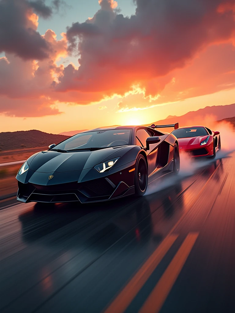 A thrilling cinematic photo capturing the high-speed chase of a black Lamborghini murcielago sv racing alongside a ferrari 488 GTB vibrant red. The Lamborghini's tires screech as it takes a sharp turn, while the ferrari's sleek design cuts through the air. In the background, a breathtaking sunset casts the sky in vibrant shades of orange and pink, setting the scene for a dark fantasy. The overall atmosphere is dynamic and exhilarating, with a sense of danger and excitement hanging in the air., cinematic, photo, poster, vibrant