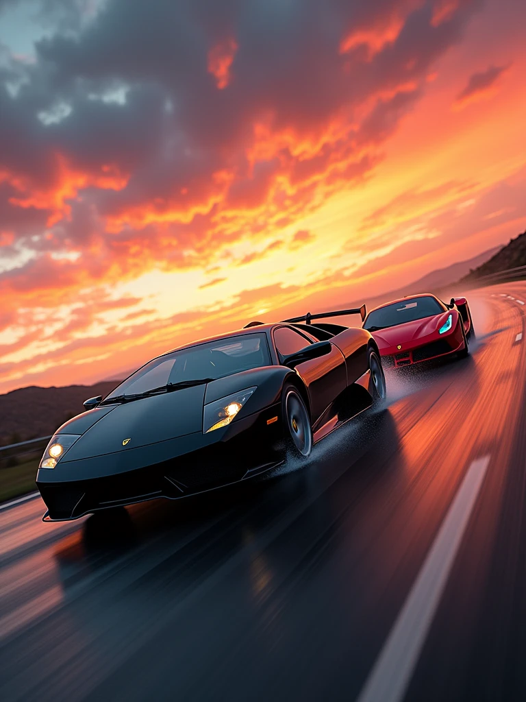 A thrilling cinematic photo capturing the high-speed chase of a black Lamborghini murcielago sv racing alongside a ferrari 488 GTB vibrant red. The Lamborghini's tires screech as it takes a sharp turn, while the ferrari's sleek design cuts through the air. In the background, a breathtaking sunset casts the sky in vibrant shades of orange and pink, setting the scene for a dark fantasy. The overall atmosphere is dynamic and exhilarating, with a sense of danger and excitement hanging in the air., cinematic, photo, poster, vibrant
