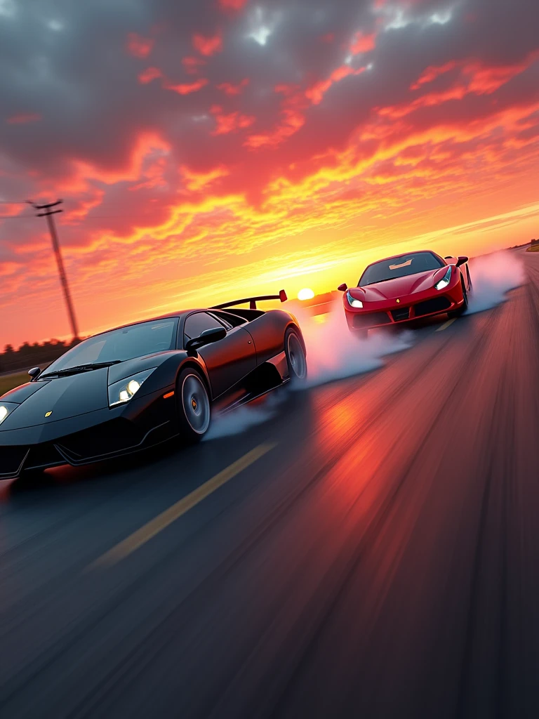 A thrilling cinematic photo capturing the high-speed chase of a black Lamborghini murcielago sv racing alongside a ferrari 488 GTB vibrant red. The Lamborghini's tires screech as it takes a sharp turn, while the ferrari's sleek design cuts through the air. In the background, a breathtaking sunset casts the sky in vibrant shades of orange and pink, setting the scene for a dark fantasy. The overall atmosphere is dynamic and exhilarating, with a sense of danger and excitement hanging in the air., cinematic, photo, poster, vibrant