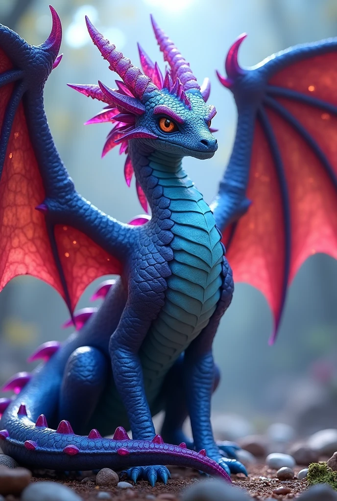 A dragon with purple crystal spikes on its back, blue scales with red tips, burgundy wings made with silk