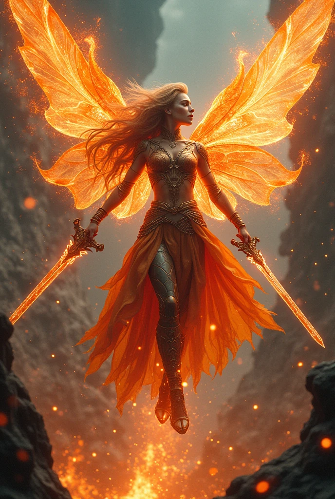 A captivating fairy of fire, lava, and tsunami: soaring upward on bio-mechanical wings, her piercing gaze commands respect, with a sword shining bright, reflecting elemental forces within swirling smoke, surrounded by enthralling sparks, amidst an otherworldly landscape.