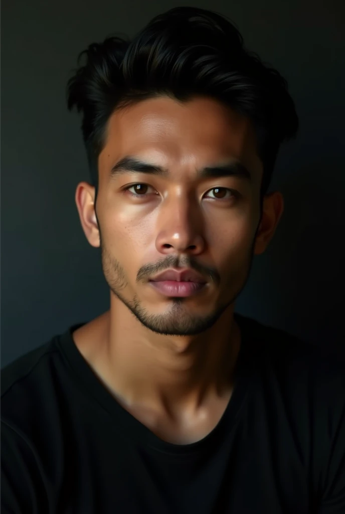 Handsome indonesian man, clean face, light brown eyes, dark brown wavy hair with slick back hair model, with an black t shirt , background dark