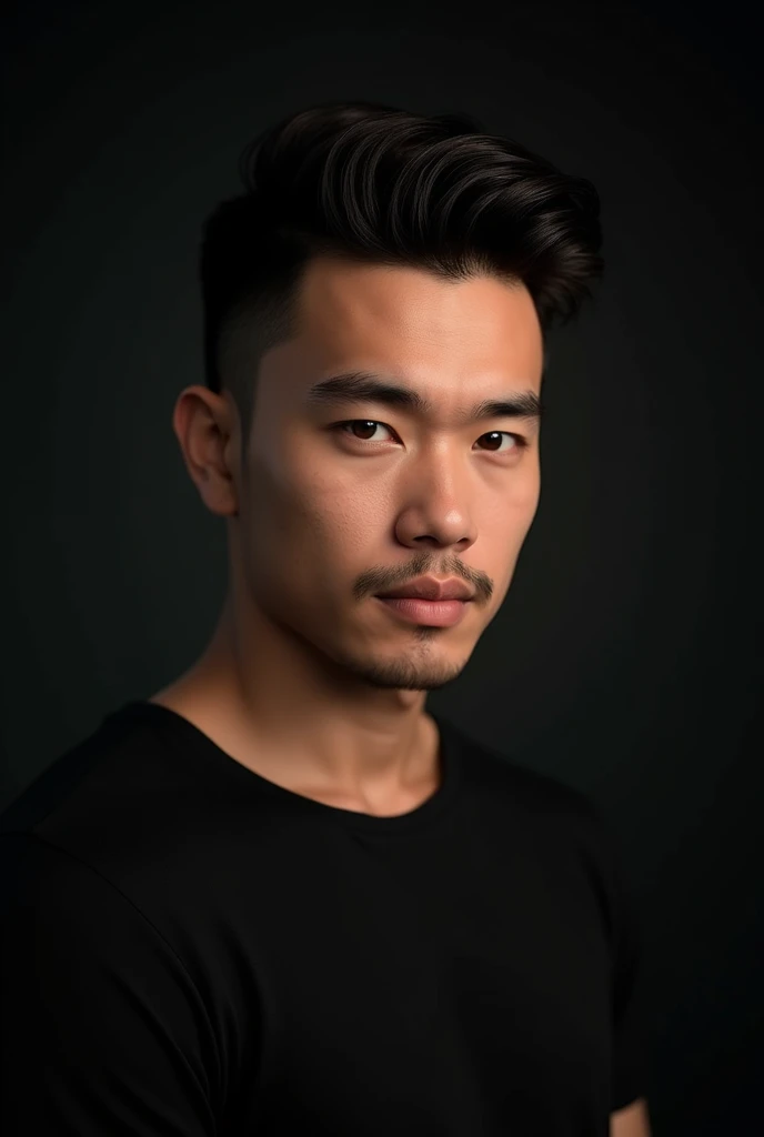 Handsome indonesian man, clean face, light brown eyes, dark brown wavy hair with slick back hair model, with an black t shirt , background dark