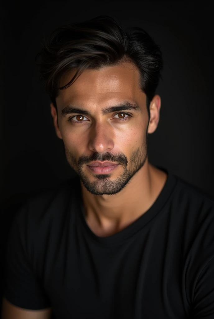 Handsome indonesian man, clean face, light brown eyes, dark brown wavy hair with slick back hair model, with an black t shirt , background dark