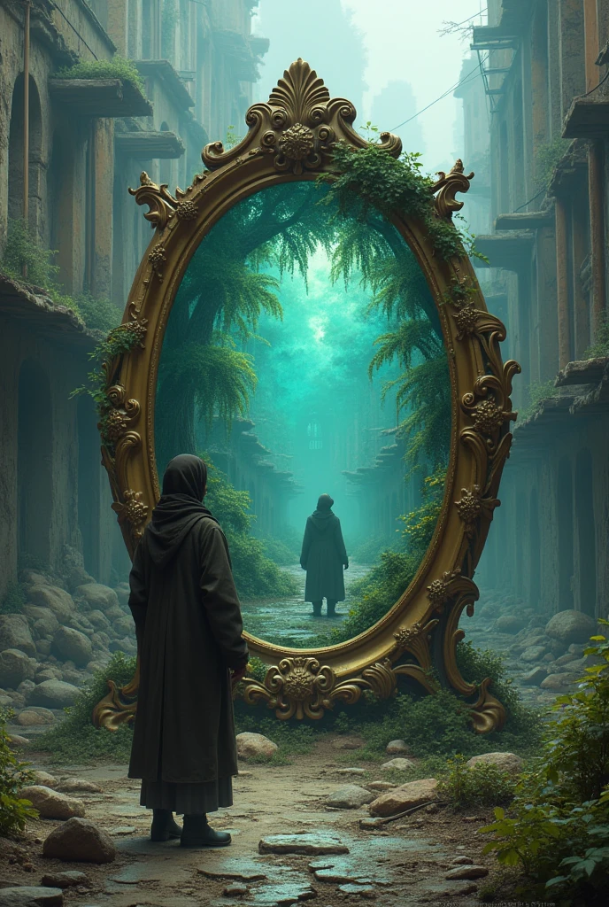 I want a mirror with a bright, green world inside.
Where we look in the mirror( in front of him)
That on the sides outside the mirror there are vagabonds Also that outside the mirror there is a destroyed city.
The mirror should be medium