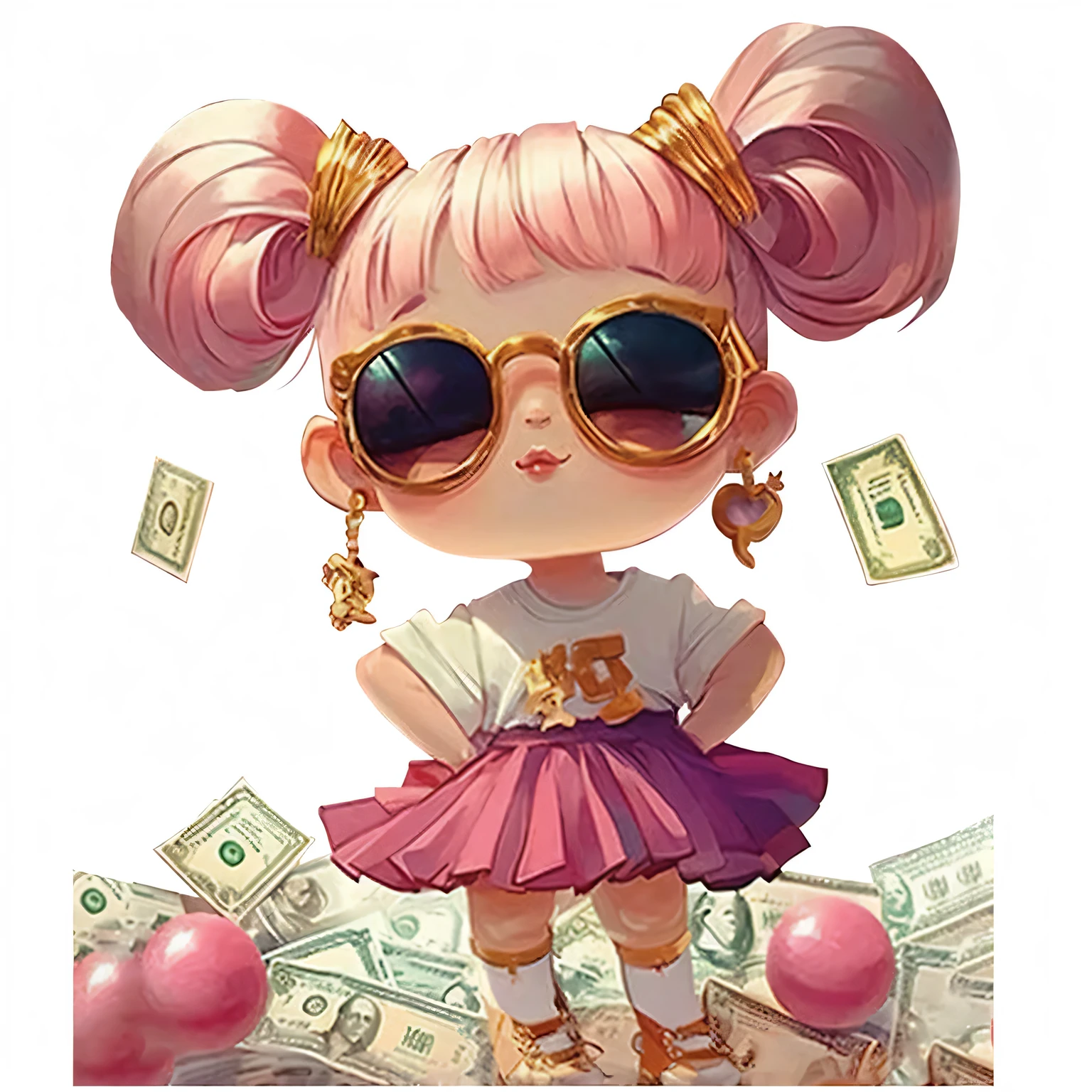 Cartoon style trendy girl,Has bright pink long hair,Gold hairpins embellished,Wearing stylish gold-framed sunglasses and earrings,Show a unique personality。She was wearing a white T-shirt,Brown bear pattern and 'BEAR' printed on chest,Paired with a pink pleated skirt,Lively and trendy。Dollar bills scattered at feet,Especially the eye-catching $20 bill,Create a dream atmosphere of sudden wealth。Let AI capture this confidence and sense of wealth,Use bright colors and delicate brushstrokes,Describes the image of a trendy girl full of vitality and dreams