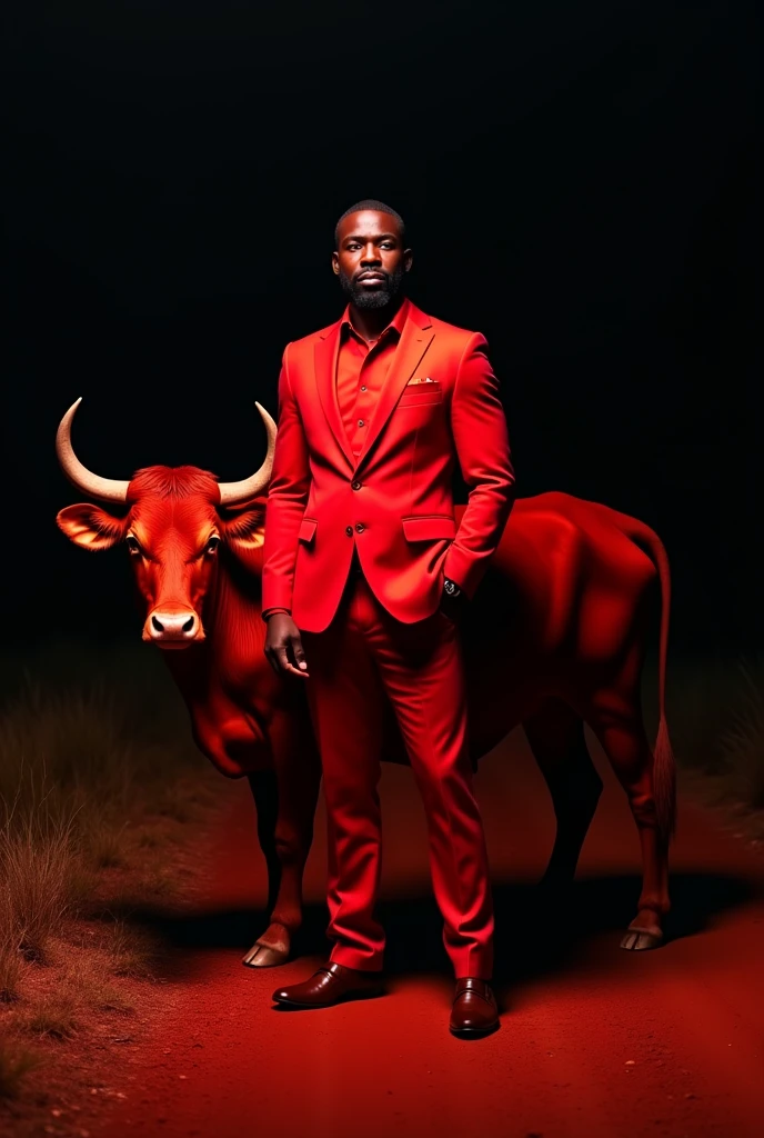 Black man in red suit on a dirt road at ht with a red ox