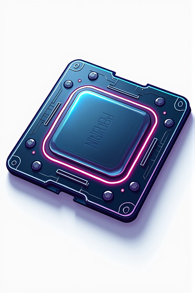Create a futuristic, cartoon-like logo for the YouTube channel 'Lazy CPU'. The design should feature a highly advanced CPU inspired by the AMD AM5 socket. The CPU should have a sleek, anime-style aesthetic with glowing accents, smooth edges, and intricate circuitry patterns. The overall shape should clearly resemble a modern CPU, with visible pins or contact points, but with a more advanced, almost sci-fi feel. Avoid making the CPU look robotic or humanoid; focus on the technology aspect. The background should be transparent so it can be easily used as a logo on videos and other content