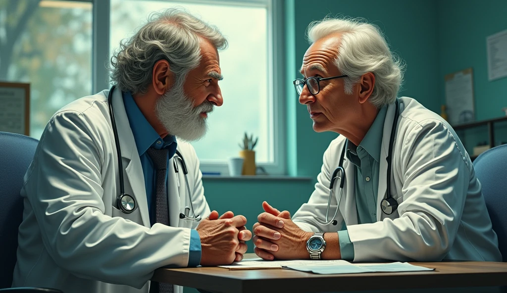 An old doctor sat talking to a 30 years old male doctor in the hospital office, in the style of tomer hanuka, joram roukes, emotionally charged portraits, rustic futurism, darkly comedic, rough painting, cartoon illustration, 