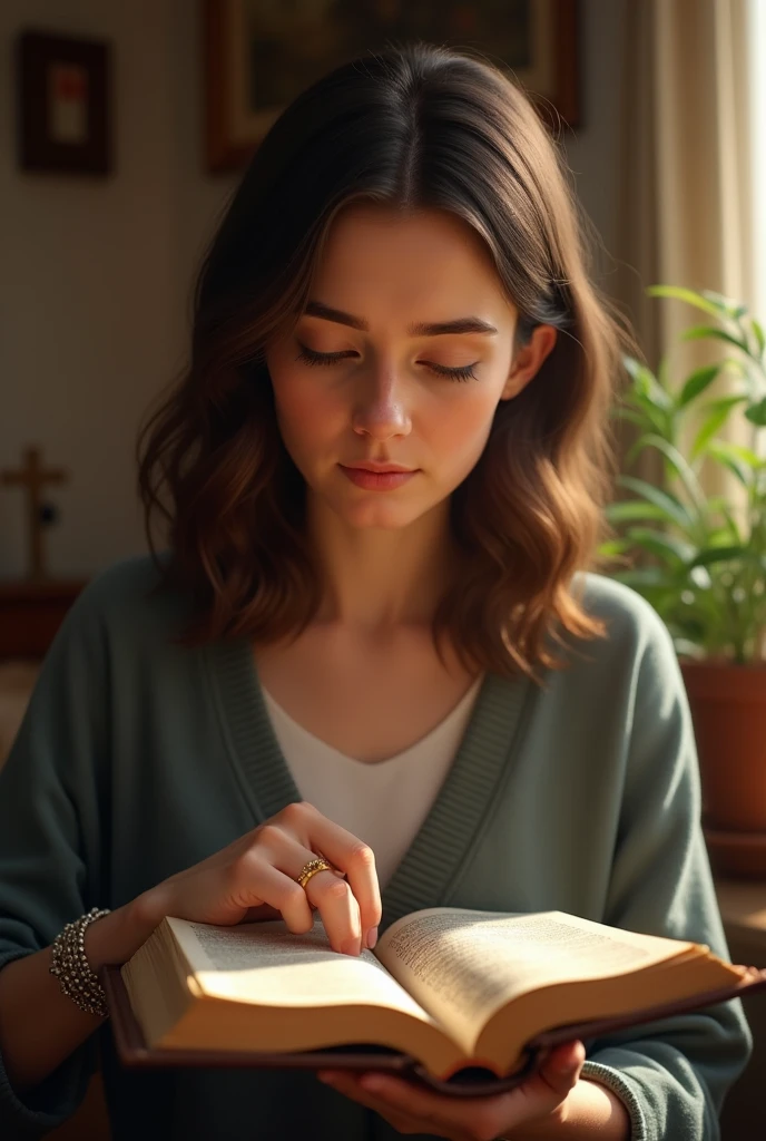 realistic image 32 year old woman reading the Bible image 18k