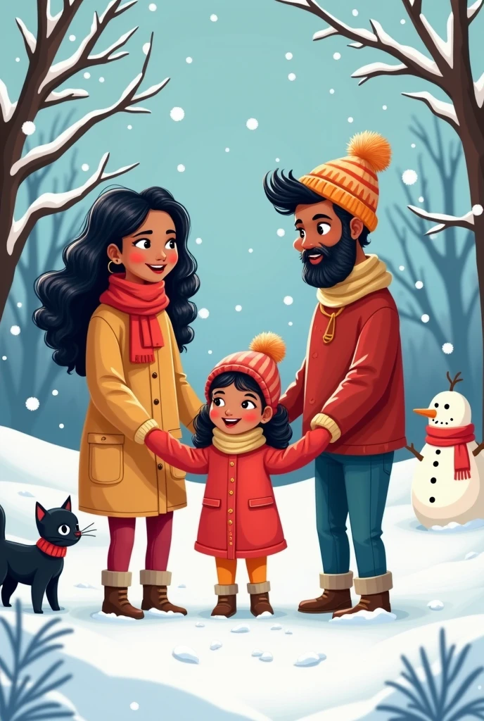 Cartoon of indian Mom dad and little baby girl playing in snow, in Christmas time, with a black cat by the side. Make the skin tone dusky, and wear cozy clothing