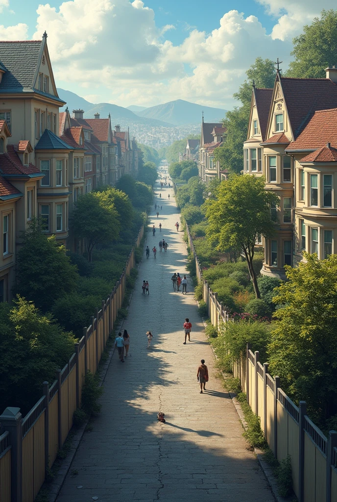 show an image of the streets of a rich neighborhood and streets of a poor neighborhood, divide the rich and poor with a fence or a crack


