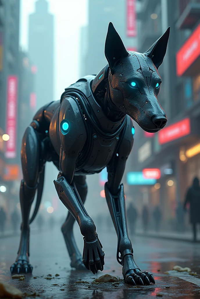 Create a dog with robotic parts in the world of cyberpunk