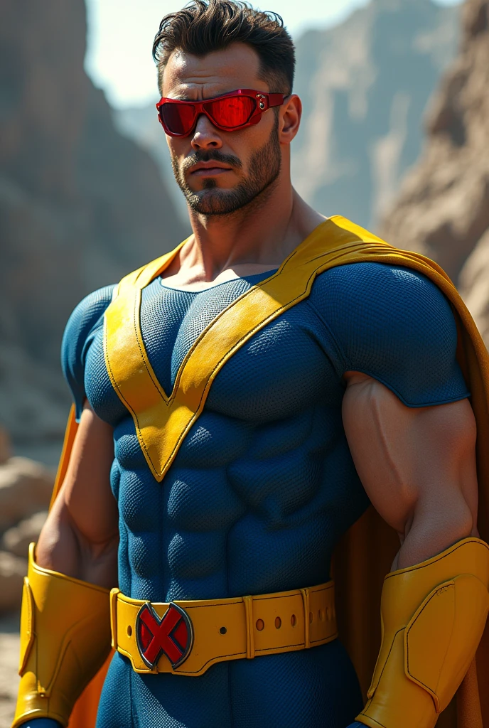 a mutant superhero with optic red visor beams, muscular male body, wearing blue and yellow costume, red visor,X logo on body. serious expression, outdoor setting, dramatic lighting, photorealistic, highly detailed, cinematic, 8k
