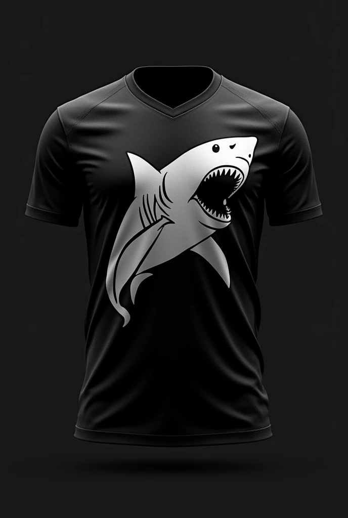Create a black soccer shirt with a white shark that looks nice