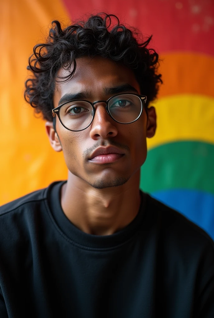 a young brown man with light skin, Scrawny, with short curly hair, wearing glasses, with a black sweatshirt, large nose, a serious expression and a rainbow lgbt background