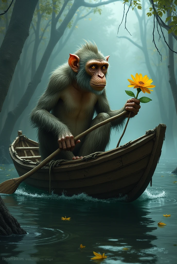 a card image of an old monkey in a boat with a yellow flower, collectible Card art, Grim Gwent Card, full art, Card art, nightmare ranger, De Magic the Gathering, dnd Card art, the front of a of collectible cards, of collectible cards, nightmare, fantasy card game art, Magical style of meeting, deck of many things, full card design