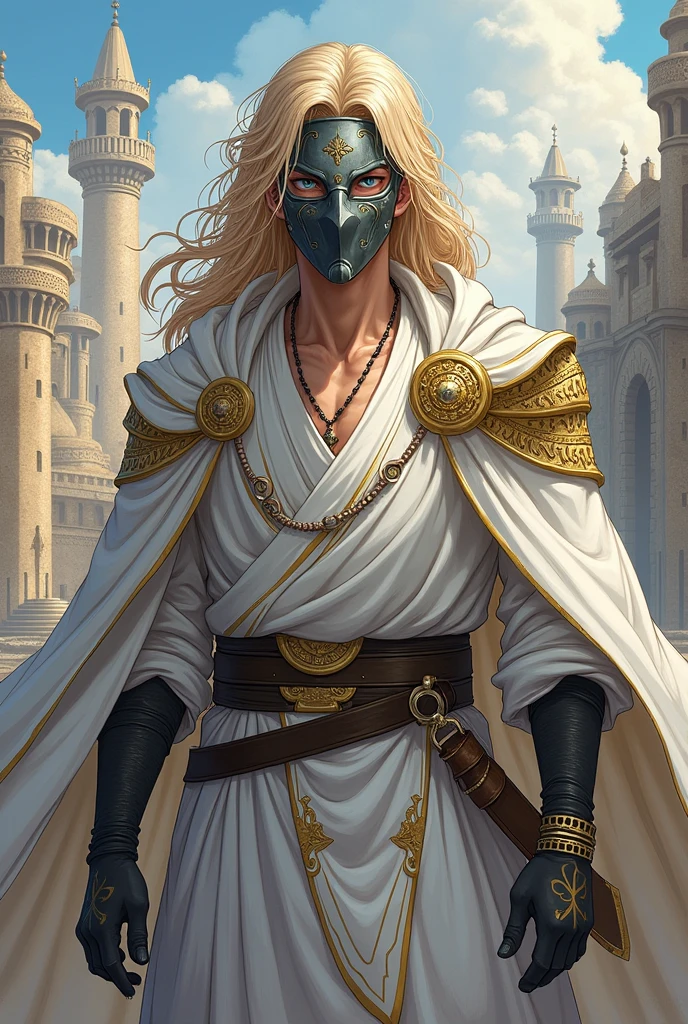 Human man with long, wavy blond hair, blue eyes with some bands on his arms, wearing a white cloak with gold details with a white haori with golden edges, wearing a gray iron mask in all the face, with the kingdom of Jerusalem in the background, semi-realistic anime art style  
