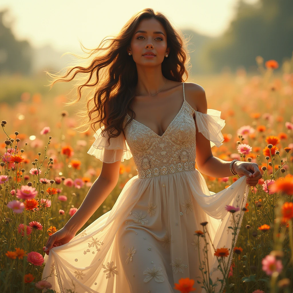 beautiful brazilian young woman dancing in a summer dress, smiling in a sunny morning field with blooming flowers, shimmering gemstones, ultra-realistic, photorealistic, (best quality, 4k, 8k, highres, masterpiece:1.2), ultra-detailed, realistic, vivid colors, natural lighting, graceful pose, elegant, intricate floral patterns, sparkling gemstones, detailed skin, flowing hair, (character portrait:1.4), highly detailed face, beautiful eyes, delicate lips, detailed hands, (detailed facial features:1.2), enchanting, whimsical, serene, breathtaking, magical realism