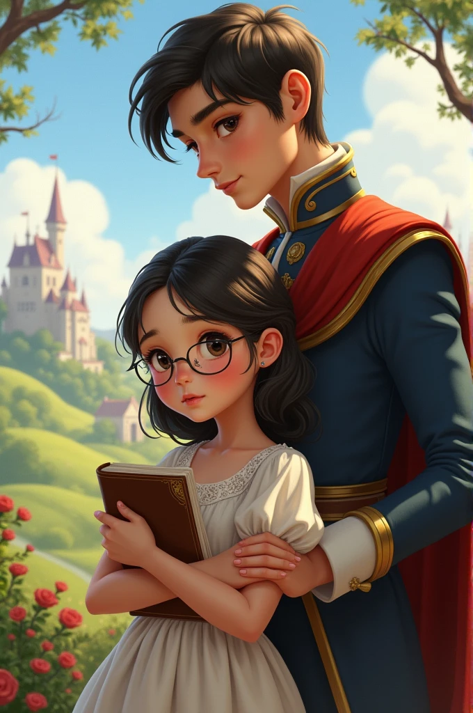 a shy girl holding a notebook, she wears glasses, behind is a prince