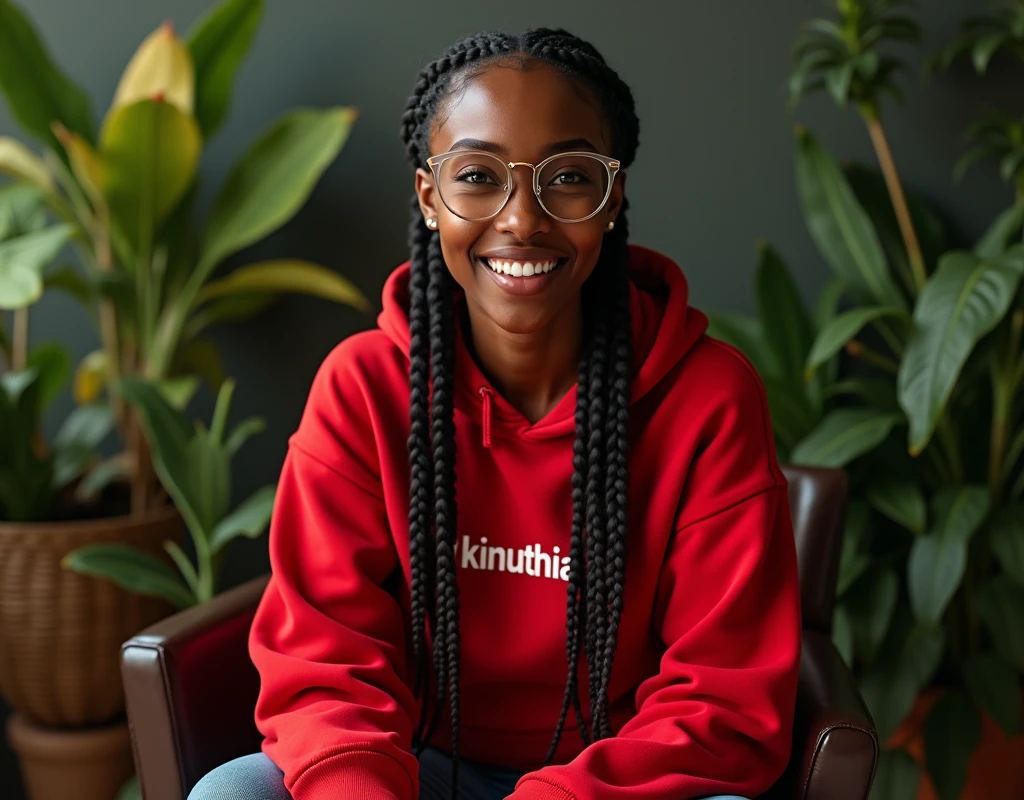 (photorealism:1.2), beautiful black African woman,22 years,sharp boobs, smiling wearing a fitting red hoodie written "Kinuthia",long braids, black  oversized photo chromatic glasses, sitting on a photo studio stool, plants in background cardi B inspiration 