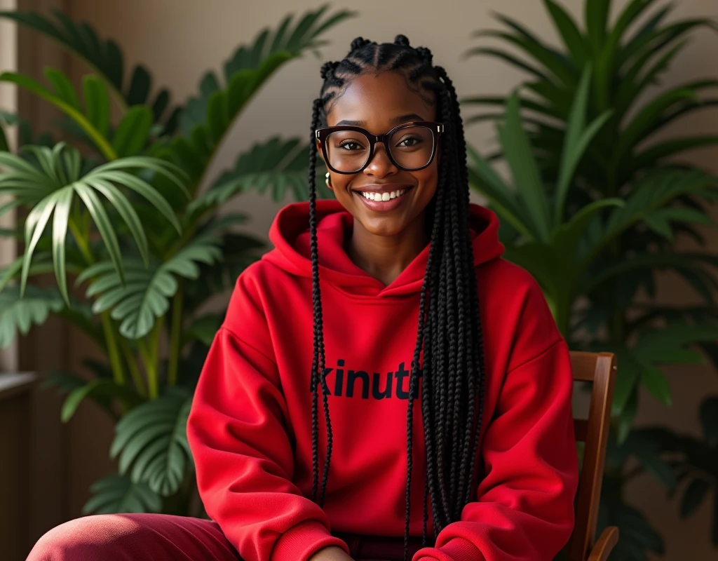 (photorealism:1.2), beautiful black African woman,22 years,sharp boobs, smiling wearing a fitting red hoodie written "Kinuthia",long braids, black oversized photo chromatic glasses, sitting on a photo studio stool, plants in background cardi B inspiration