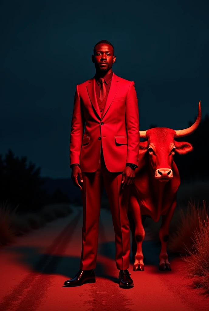 Black man in red suit on a dirt road at night with a red ox
