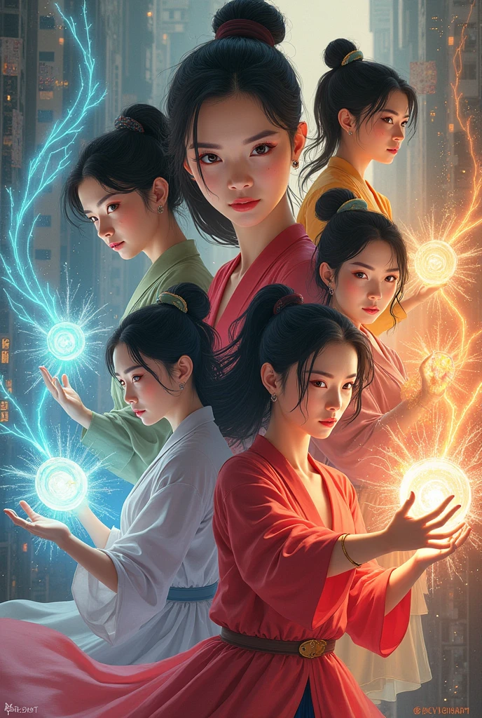 Collage with graphics of Asian girls with powers 