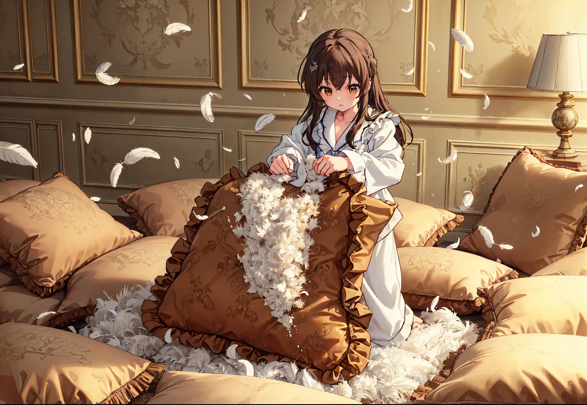 (best quality， masterpiece) , details, (Light and shadow oxtail) , Cute girl posing on pillow ，Pillow, Upholstered，Soft pillow，（Pillow），The love surrounding the protagonist，steam，(Luxury Pillow），（Gorgeous pattern pillow），luxurious pillow, standing,（Love around the protagonist），（pillow）, frilled pillow   , 1 pillow, standing on a top of pillow, on pillow, big pillow, fluffy pillow, pillow damage, stomping pillow, stomping, pillow on floor, stepping on pillow, posing on top pillow, full body, pillow on floor, (((feathers))), pillow destroy, ripping pillow, tearing pillow in half, feathers everywhere, cotton, stuffing pillow, tachibana_arisu_theidolmastercinderellagirlsu149, brown_hair, long_hair, brown_eyes, bow, hair_bow, blue_bow, bangs