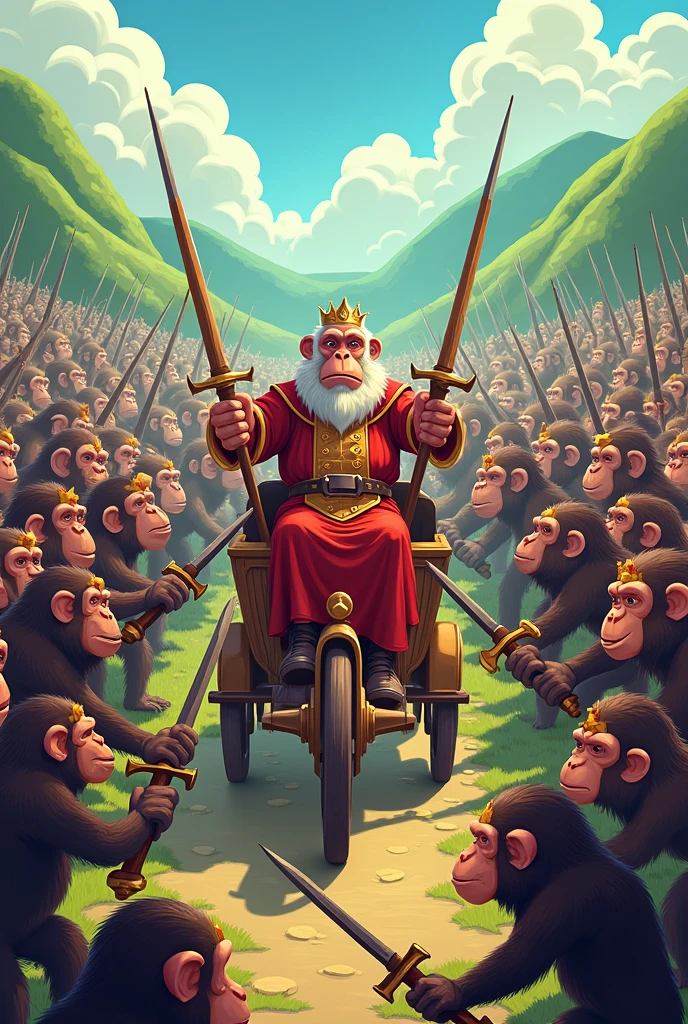 A great army of monkeys. All the monkeys are holding weapons. In the middle is a cart with a human king on the cart. Cartoon image.