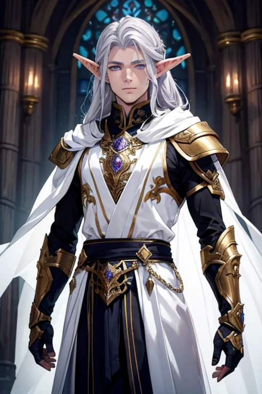 Create a detailed and anime fantasy-style image of Roithael Glavariel de Arathel, a young hybrid warrior-prince with a mix of human and elven traits. He has long, flowing silver hair that shines in the light, and striking violet eyes. His ears are slightly pointed but more rounded compared to typical elven ears, signifying his mixed heritage. His skin has a golden hue, subtly glowing, indicating his connection to elemental magic. He stands tall and lean with a well-toned physique, exuding both strength and grace.Roithael is dressed in a finely crafted mithril armor that is both protective and elegant, with intricate designs that reflect his noble status. Over the armor, he wears a white cloak that billows slightly as if caught by a gentle breeze, symbolizing his mastery of astral magic. Around his waist, he carries a finely forged double-edged sword with an elven design, inscribed with glowing magical runes.The background should be a lush, enchanted forest, with elements that blend both human and elven architecture, reflecting Roithael's dual heritage. The atmosphere should convey a sense of mystical energy and ancient magic.