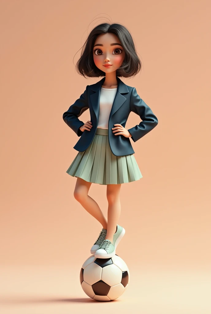 Girl in blazer skirt and sneakers sitting on a tiny soccer ball