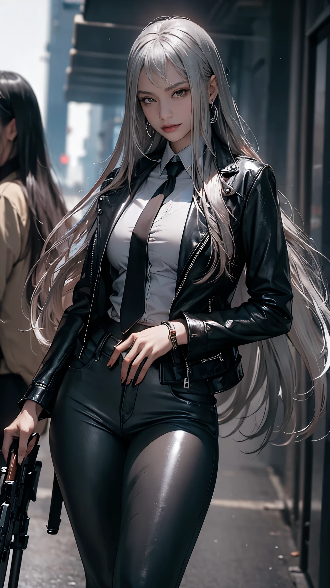 (long silver hair:1.5),Beautiful 25 year old Indian female vampire mercenary, brown skin, (Wearing a blue leather jacket and tight black pants.;1.3), Carrying a rifle, view from the front, waist shot, dynamic pose, Ambient lighting, photographic realism, Intricate facial details, Handcrafted details, very detailed, vivid colors, cinematic, high resolution, Popular styles Raw on Artstation